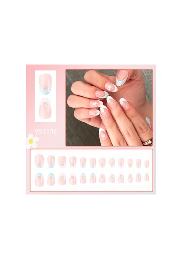 İlkbahar Ve Yaz Fransız Badem Tırnak Uçları Mavi Ve Beyaz Çiçekler Ve Çimen Zarif Bayanlar Tatlı Parlak Takma Tırnaklar 24 Adet Tırnak Sanatı Dahil Araçlar Ys1107