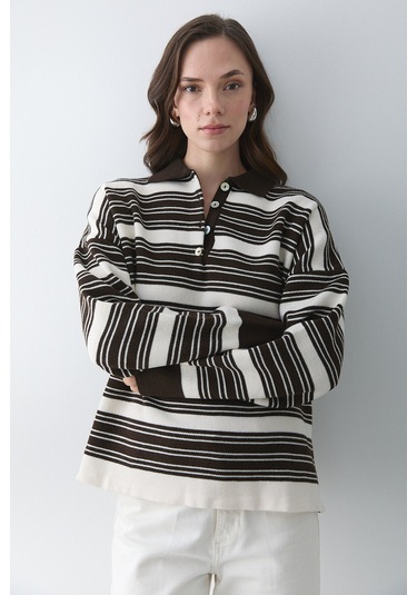 Koyu Kahve - Krem İki Renkli Çizgili Kazak - 251140 Kahverengi