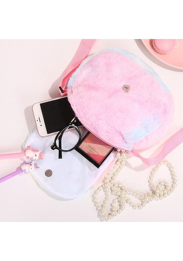 Maoyaya Yeni Yuvarlak Gözlü Tek Boynuzlu At Çocuk Peluş, Renkli Kapaklı Kız Omuz Çantası Mor Lila