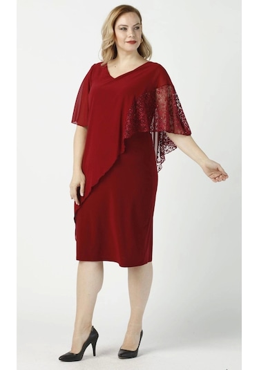 Moda Berray 4051 Bordo Pelerinli Esnek Kumaş Büyük Beden Elbise Bordo