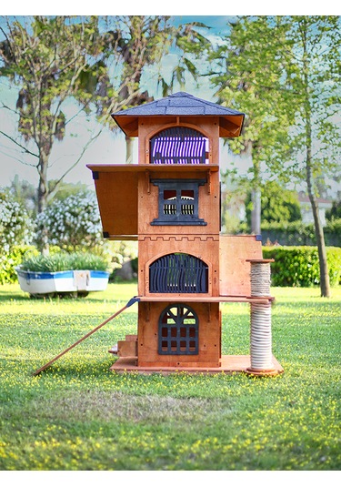 Mandu Ahşap 4 Katlı Teraslı Kedi Evi Tırmalama + Mama Kaplı