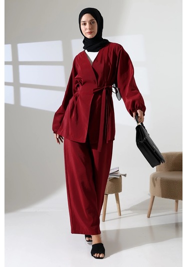 Kadın 100% Pamuk Modal Bordo Kimono Pantolon Tesettür Takım Çok Renkli