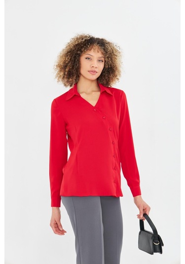 Asimetrik Pile Detay Gömlek Kırmızı Kırmızı