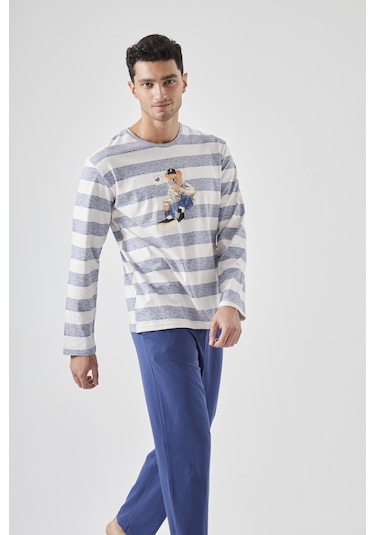 Erkek Pamuklu Uzun Kollu Üst Ayıcık Baskılı Pijama Takımı Ke77620 Lacivert