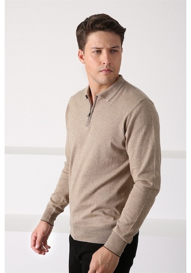 Ferraro Bej Polo Yaka Fermuarlı Erkek Pamuk Kazak Bej