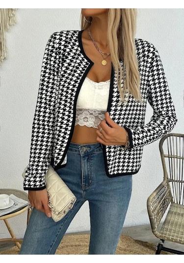 Kadın Uzun Kollu Kaz Ayağı Desenli Şardonlu Dalgıç Ceket DESENLİ