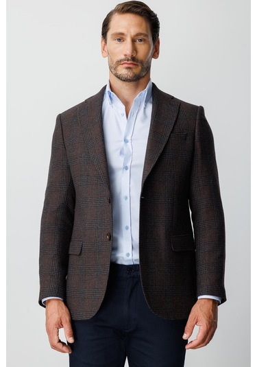 Erkek Kahve Regularfıt / Rahat Kalıp Mono Yaka Ceket-20010 Kahverengi