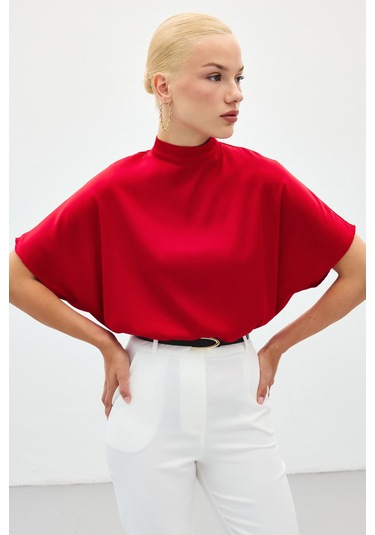 Sateen Yarasa Kol Salaş Bluz - Kırmızı-136188 Kırmızı