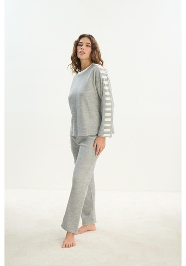 Kadın Uzun Kol Gri Mlelanj Acrylic Pijama Takım C9t0n1o61 001