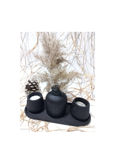 Küp Vazolu Tabaklı Tealight Mumluk Set Siyah