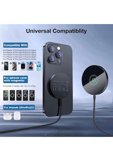 Motion003 Pdkuaı Manyetik Kablosuz Şarj Cihazı İphone Uyumlu 16 15 14 13 12 Siyah Hızlı Şarj Usb