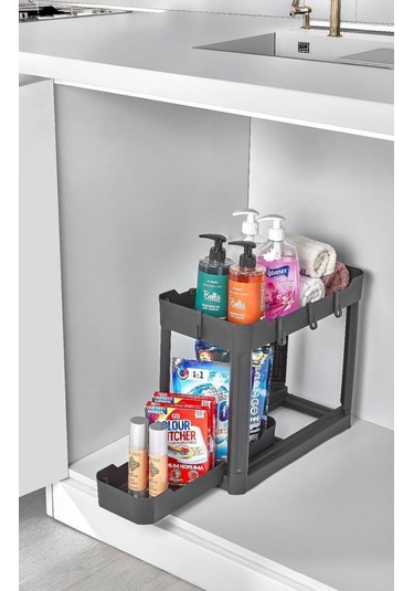 Sev Plastik 2 Katlı Sürgü Çekmeceli Tezgah Altı Organizer Siyah 40x22x33cm Siyah
