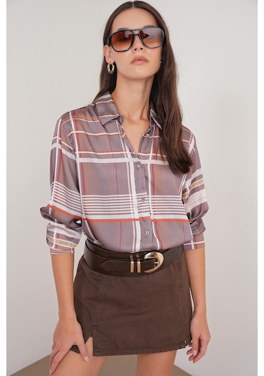 4751 Kadın Ekose İnce Saten Gömlek Bej Bej