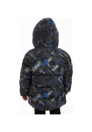 Kız Çocuk Saks Antrasit Dijital Desen İçi Polar Su Ve Rüzgar Geçirmez Kapüşonlu Şişme Kışlık Mont Antrasit - Saks Mavi