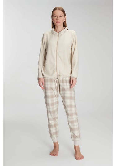 Fermuarlı Uzun Kol Sweatshirt Pantolon Takım Viskon Ve Pamuklu Pijama Takımı Ten