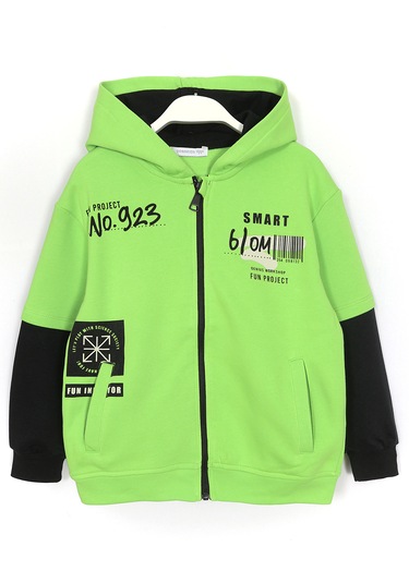Ön Ve Arkası Baskılı Cepli Erkek Çocuk Kapüşonlu Hırka Yeşil 1989 Yeşil