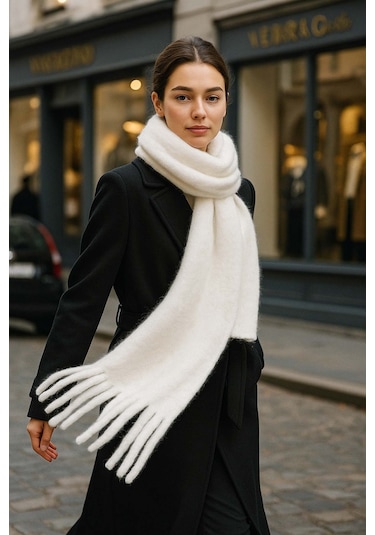 Kadın Püskül Detay Atkı Omuz Şalı 40x200 Cm 1295 Ekru Ekru