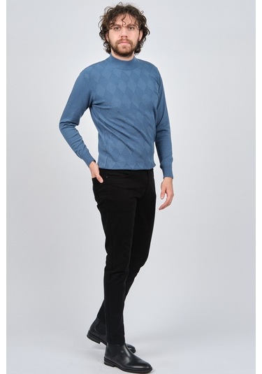 Çizgi Triko Erkek Yarım Balıkçı Baklava Desenli Kazak 42564257 Ma Mavi