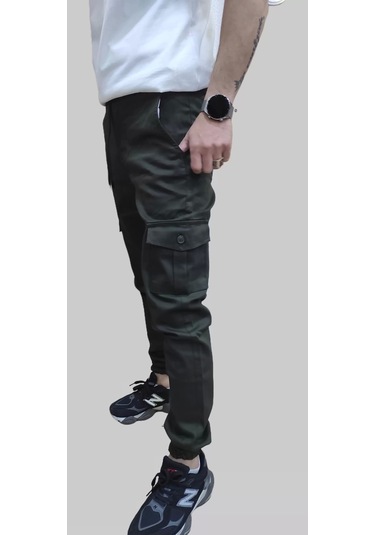 Erkek Jogger Beli Ve Paçası Lastikli Keten Haki Kargo Pantolon Haki