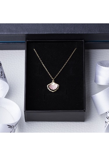 Deniz Kabuğu Model Pembe Mineli Gold Rengi 925 Ayar Gümüş Kadın Kolye Gold