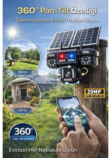 4 Kamera 20mp Ultrahd Güneş Enerjili Sim Kartlı 360 Güçlü Batarya 12xzoom Güvenlik Kamerası