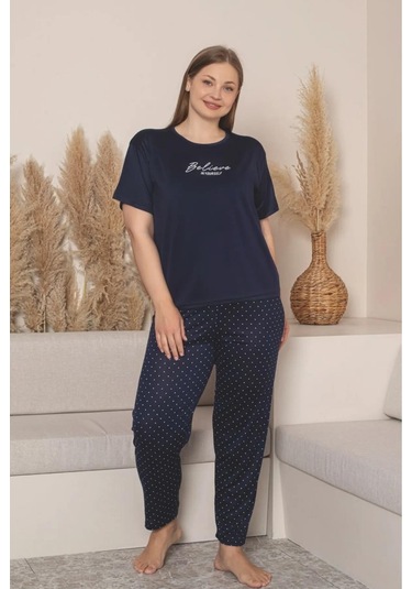 Charme Kadın Büyük Beden Bisiklet Yaka Milan Likralı Kısa Kol Pijama Takımı K601/254 - 1 Adet Lacivert Charme Kadın Büyük Beden Bisiklet Yaka Milan Likralı Kısa Kol Pijama Takımı K601/254 - 1 Adet Lacivert