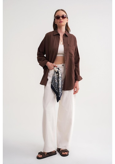 Mixray 4670 Kadın Cepli Oversize Basic Keten Gömlek Kahve