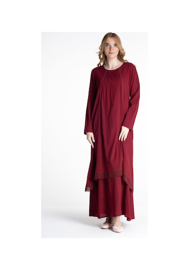 Uzun Kol Şile Bezi Nervürlü Uzun Elbise Bordo Brd-bordo