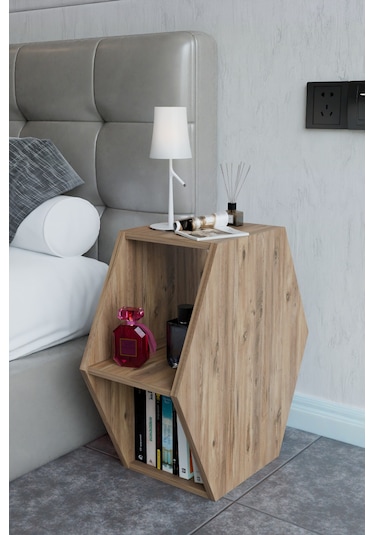 Alpa Ev Mobilya Altıgen Komodin, Modern Başucu Sehpası, Dekoratif Raflı Komodin Kitaplık Atlantik Çam