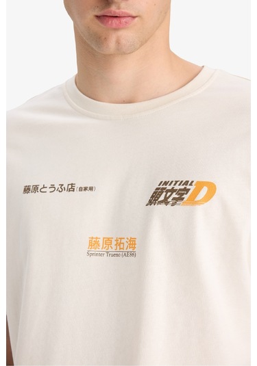 DeFacto %100 Pamuk Initial D Boxy Fit Bisiklet Yaka Sırt Baskılı Kısa Kollu Tişört F2877AX25SMER78