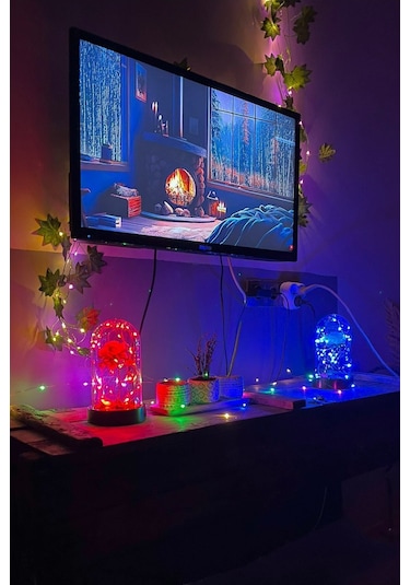 Anneler Gününe Özel Beyaz Gül Kırmızı Fanus Lamba Usb'li Yapay Çiçek Dekoratif Aydınlatma Hediyelik