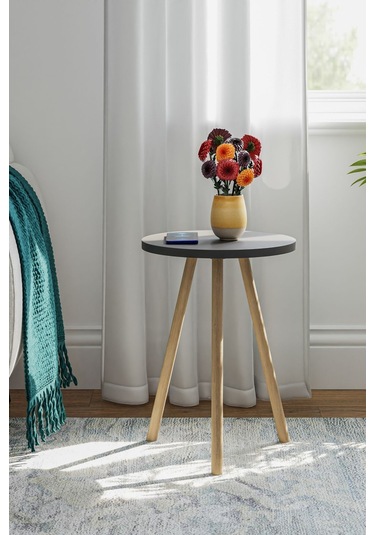 İntergo Yuvarlak Ahşap Ayaklı Tekli Zigon Yan Sehpa Antrasit Gri