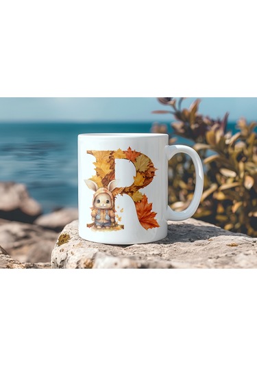 R Harf Sonbahar Yaprak Temalı Kupa Bardak - Sevimli Figürler İle Alfabe Harfli Bardak - Kişiye Özel Beyaz