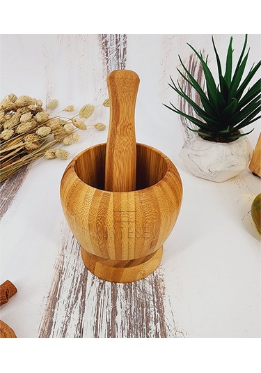 El Yapımı Ahşap Ağaç Havan Sarımsak Döveceği Bambu 12 Lik