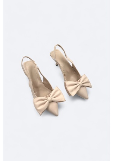 Elan Bej Arkası Açık Fiyonk Detaylı Kadın Stiletto Topuklu Ayakkabı Bej