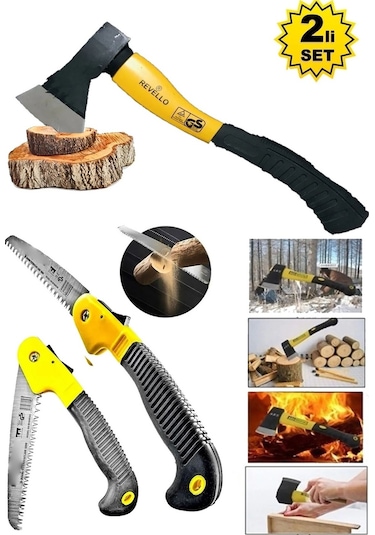 Fiber Saplı Balta Nacak + Kamp Odun Kesme + Katlanır Budama Testeresi Set