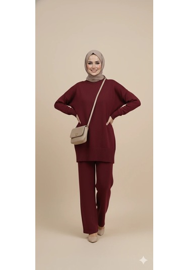 Triko Tunik Pantolon Tesettür Takım Bordo