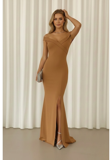 Defymoda Kadın Kolsuz Kayık Yaka Estetik Abiye Elbise Kahverengi