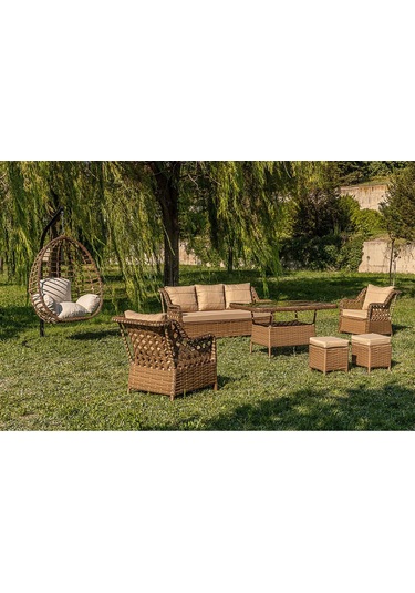 Btkconsept Lupa Eslem Rattan Bahçe Mobilyası 3+1+1 Puf Ve Salıncak Dahil" Masalı Kahverengi