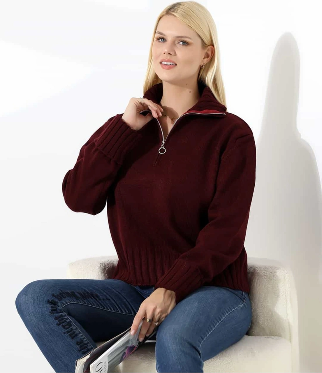 Yüksek Yaka Fermuarlı Triko Kazak Bordo