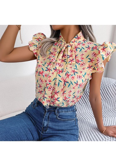Gmxıa Kadın Modası Rahat Yaz Çiçek Desenli Kolsuz V Yaka Bluzlar Ve Ahşap Kulak Kenarlı Fiyonklu Şifon Gömlekler Kayısı Açık Bej
