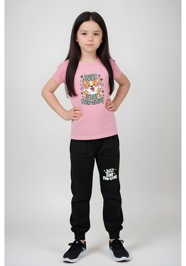 Just Stay Paw Baskılı Kız Çocuk Tişört Ve Eşofman Alt-üst Takım Açık Pembe