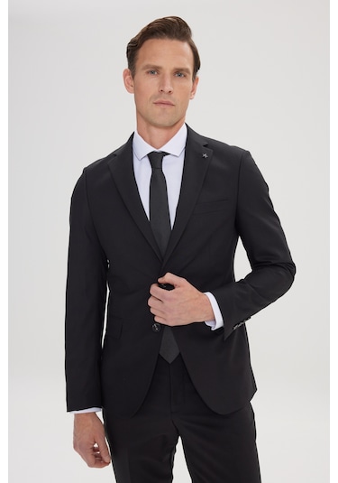 Erkek Sıyah Slim Fit Dar Kesim Mono Yaka Takım Elbise Siyah