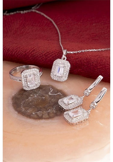925 Ayar Gümüş Rodyumlu Sekizgen Baget Bayan Takı Seti -8225 Gümüş
