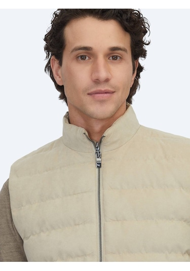 Bej Regular Fit Dik Yaka Casual Dokuma Spor Yelek Bej