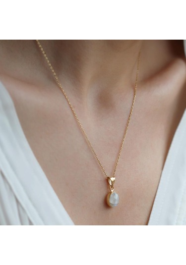 Sedef Doğal Taş Gold Kaplama Gümüş Kolye Gümüş