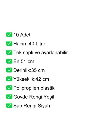 2 Tekerlek Plastik Alışveriş El Sepeti 40 Litre Yeşil 10 Adet / En:51 Boy:35 Yükseklik:42 Cm