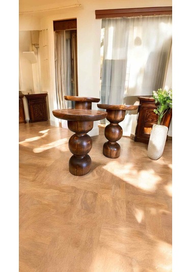 Doğal Ahşap 3 Lü Yan Sehpa Seti Mantar Tasarım, Açık Ceviz Renk