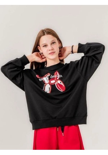 Kız Çocuk İki İplik Magic Baskılı Tasarım Sweatshirt-14215 Siyah