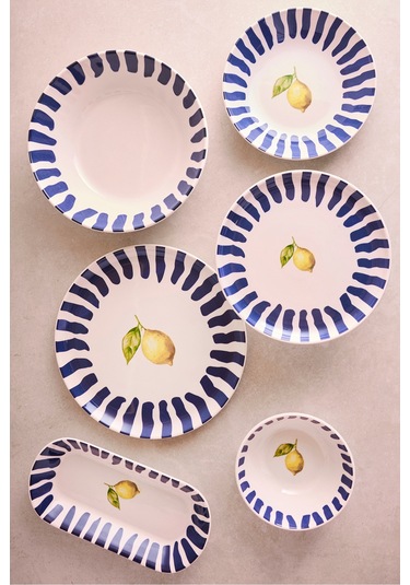 Limone Blu 27 Parça 6 Kişilik Seramik Yemek Takımı Limon Desenli Mavi Çizgili Sunum Seti Cokrenklı Çok Renkli
